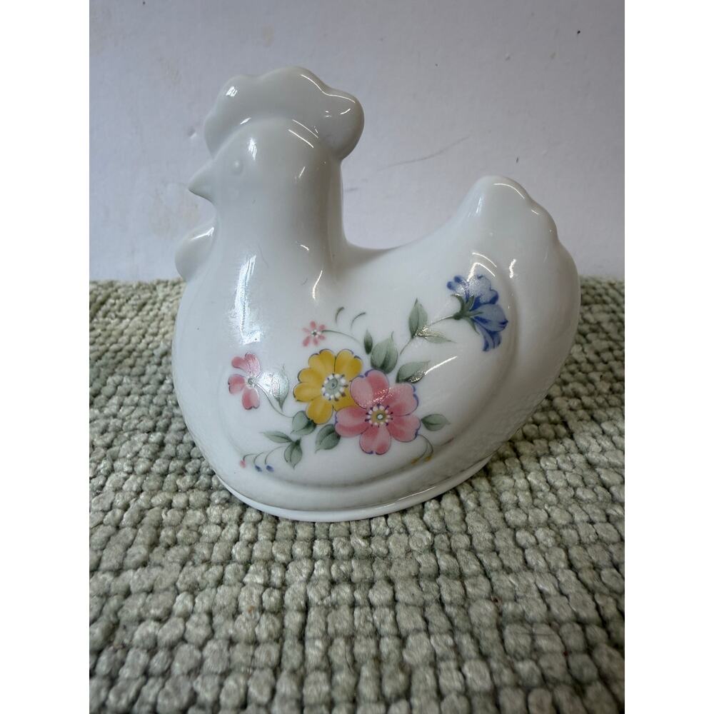 Vintage Japan Ceramic Chicken Trinket Dish Floral Hen Farmhouse Decor